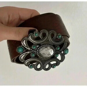Brown Leather Belt Ornate Silver & Turquoise Buckle Western SouthWestern sz 13